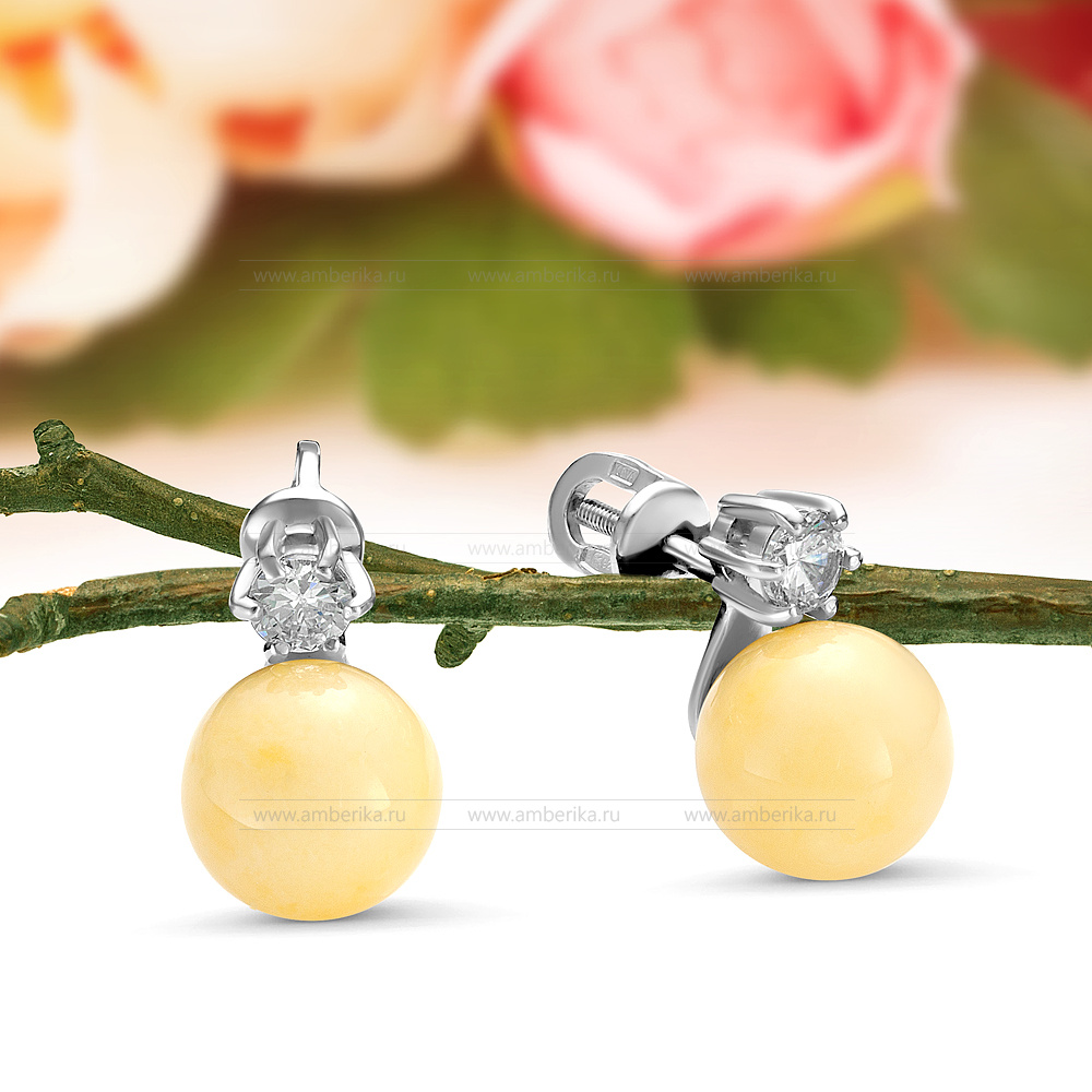 Пуссеты из серебра 925 пробы, украшенные лимонным янтарем, артикул 11253