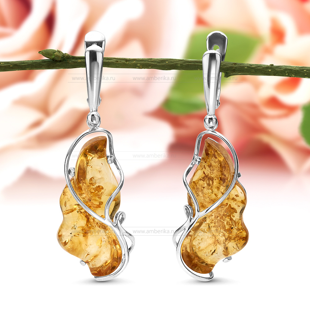 Серьги из серебра 925 пробы, украшенные природным янтарем, артикул 11422