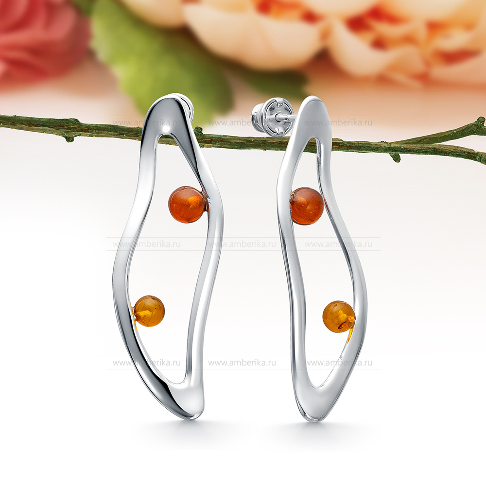 Серьги из серебра 925 пробы с коньячным природным балтийским янтарем, артикул 12609