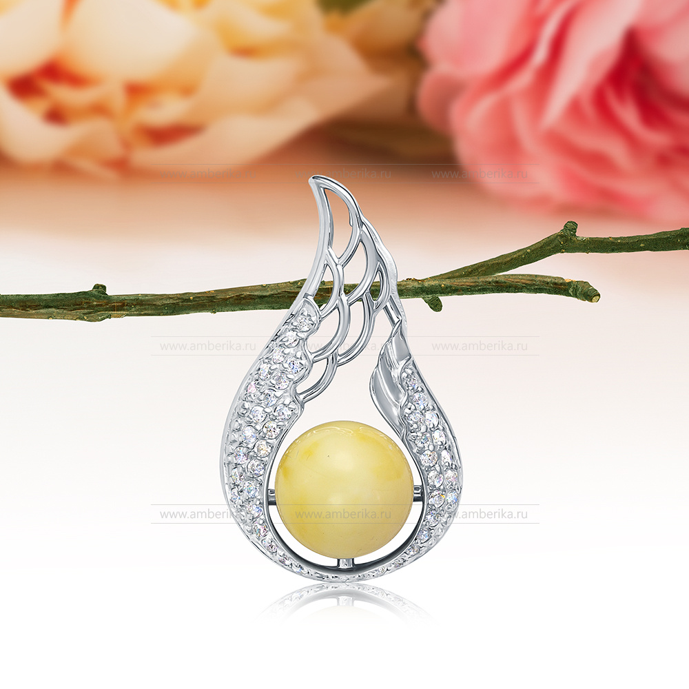 Кулон из серебра 925 пробы, украшенный лимонным балтийским янтарем, артикул 12523