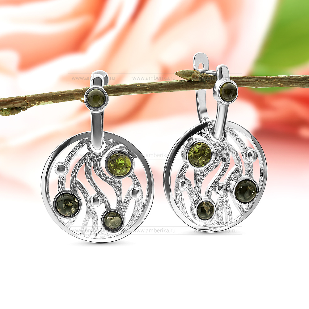 Серьги из серебра 925 пробы с зеленым балтийским янтарем, артикул 11903