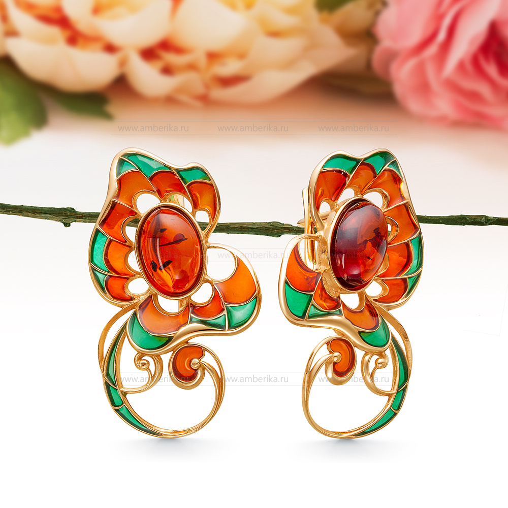 Серьги из серебра 925 пробы с коньячным природным балтийским янтарем, артикул 12567