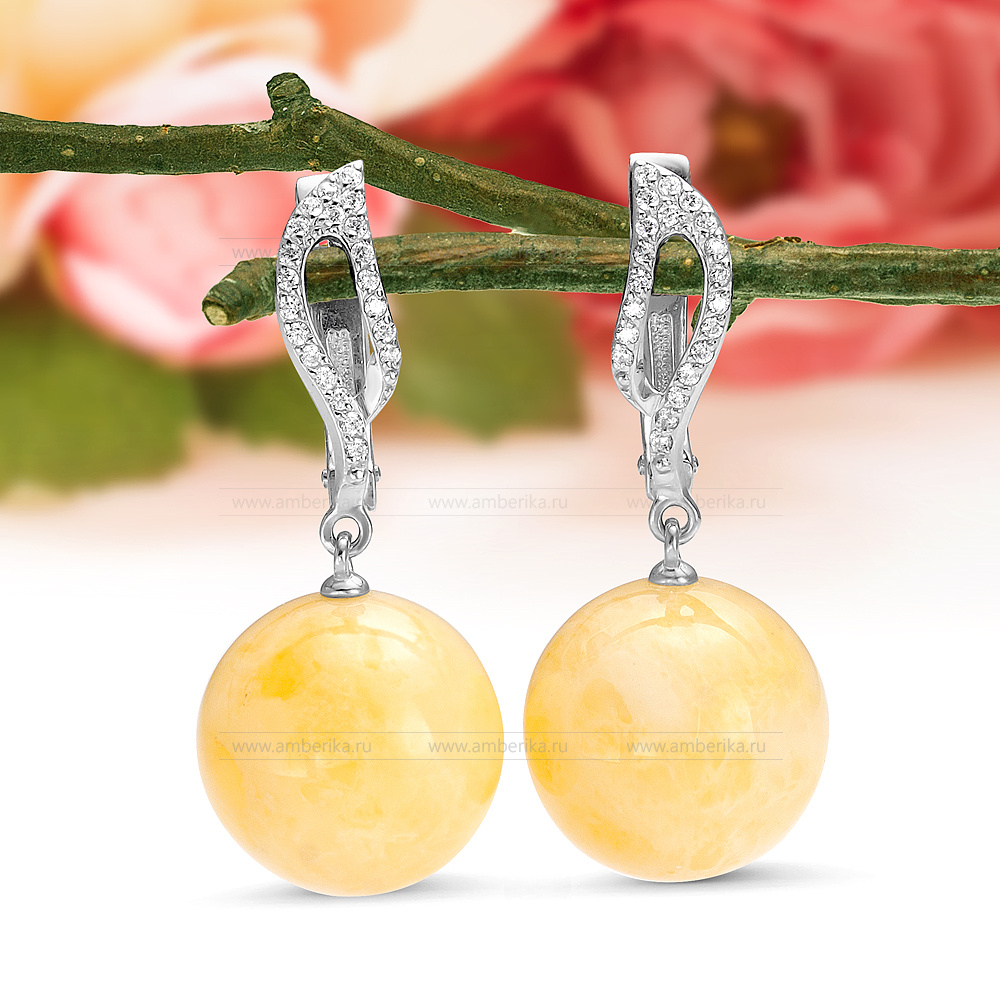 Серьги из серебра 925 пробы с лимонным балтийским янтарем, артикул 12395