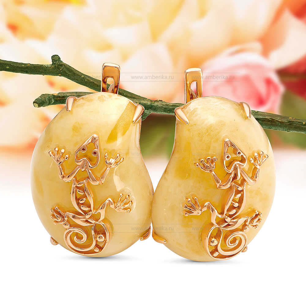 Серьги "Ящерица" из серебра с лимонным балтийским янтарем, артикул 12299