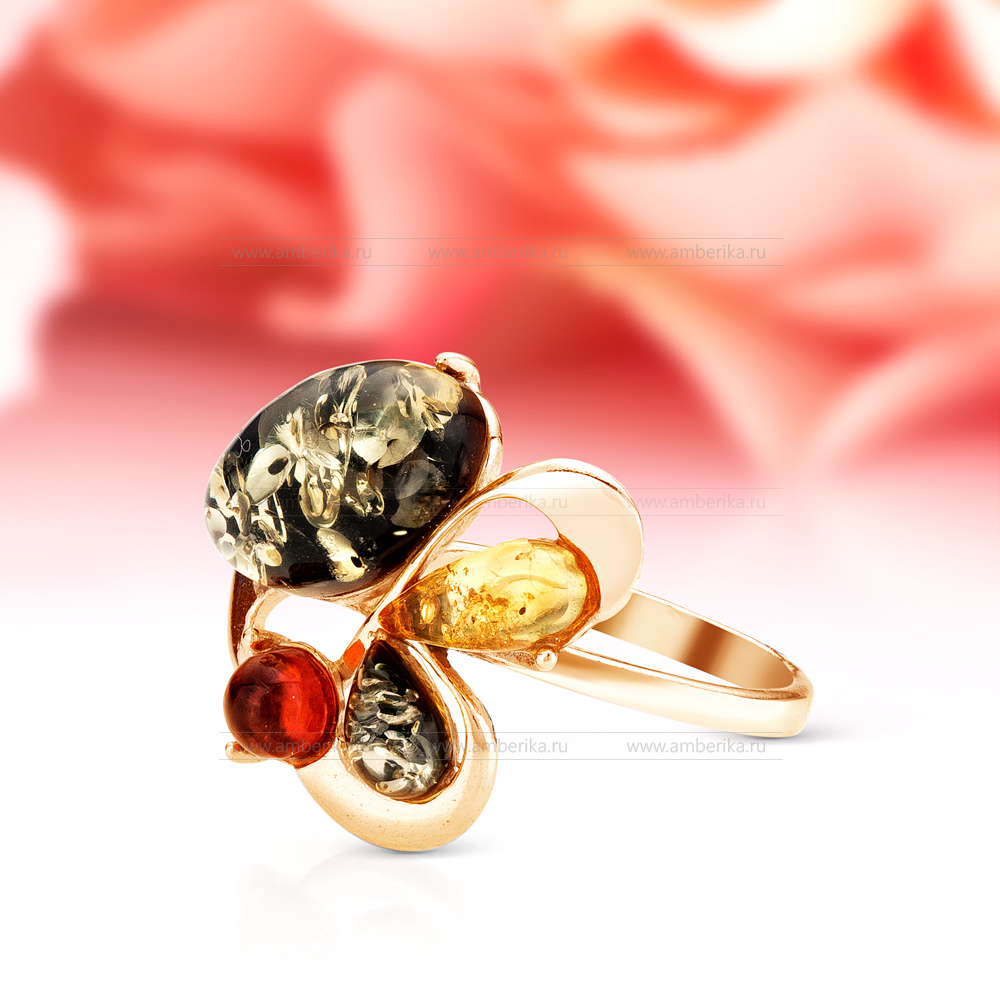 Кольцо из серебра 925 пробы с балтийским янтарем "микс", артикул 11048