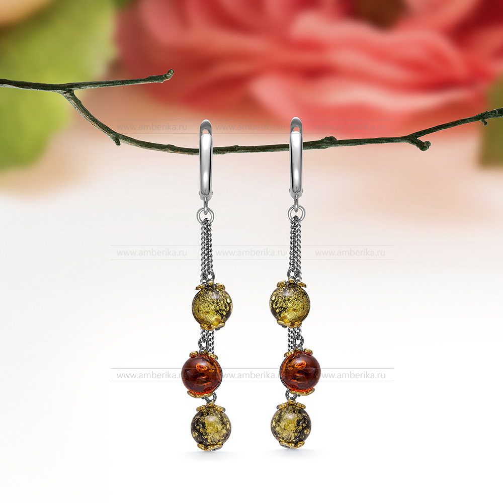 Серьги "Фаберже" из серебра 925 пробы, украшенные балтийским янтарем цвета "микс", артикул 10831