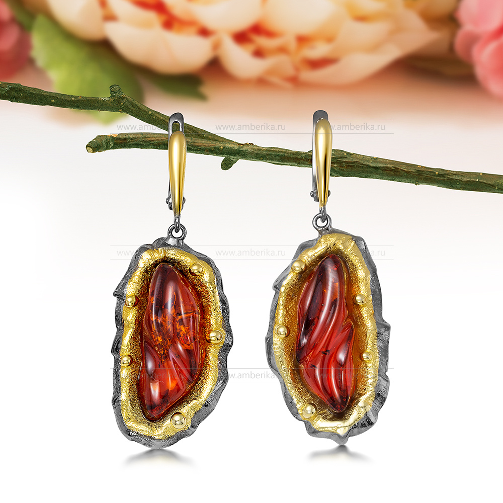 Серьги из серебра 925 пробы с коньячным балтийским янтарем, артикул 12184