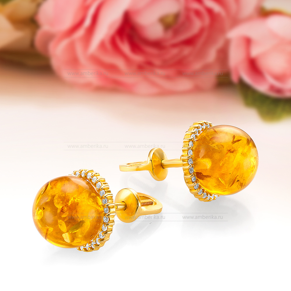 Серьги из серебра 925 пробы с золотистым балтийским янтарем, артикул 12446