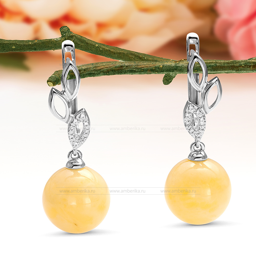 Серьги из серебра 925 пробы с лимонным балтийским янтарем, артикул 12396