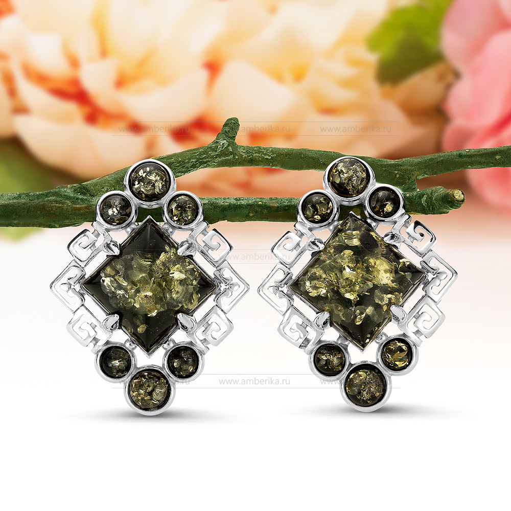 Серьги из серебра 925 пробы, украшенные зеленым природным янтарем, артикул 12110