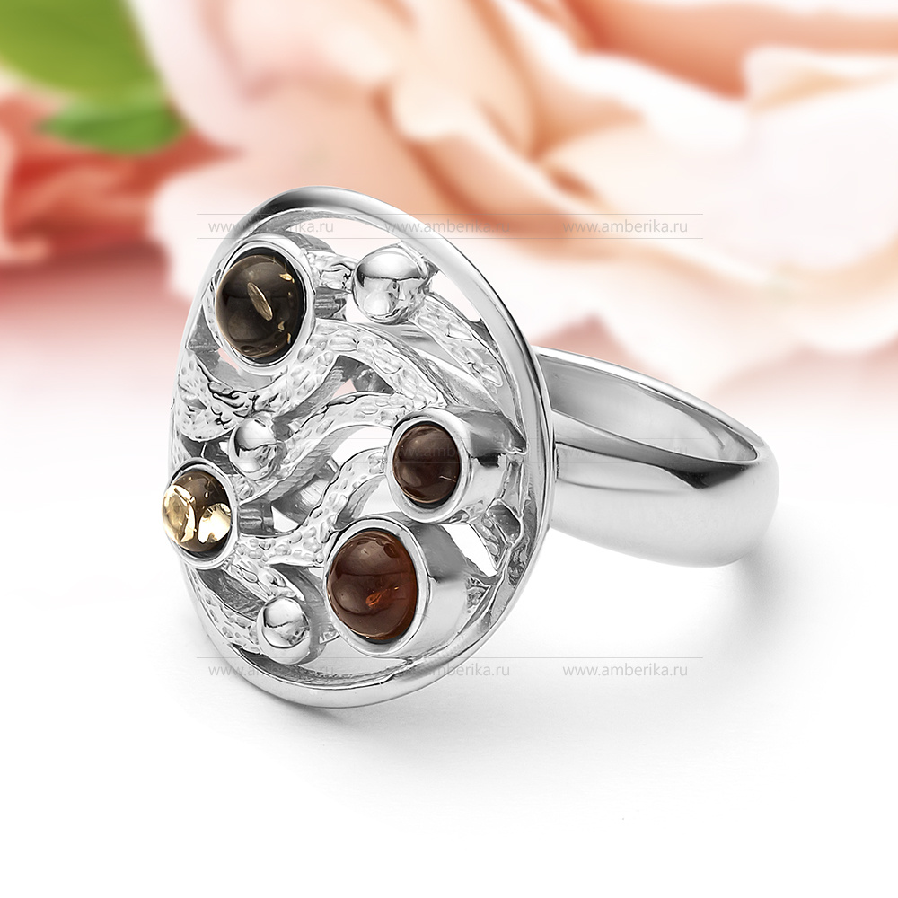 Кольцо из серебра 925 пробы с природным балтийским янтарем "микс", артикул 11189