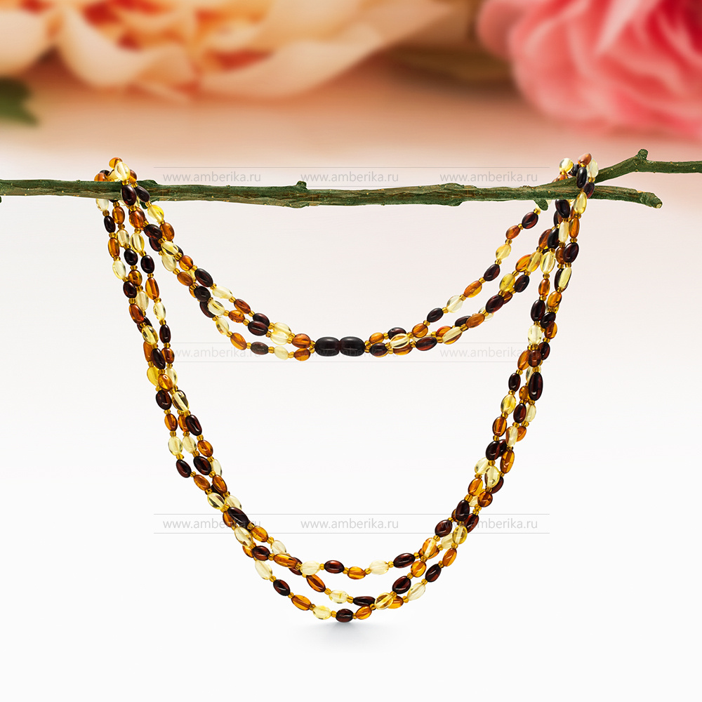 Ожерелье 3-рядное "микс" из балтийского природного янтаря, артикул 12674