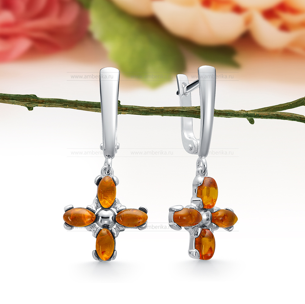 Серьги из серебра 925 пробы с золотистым природным балтийским янтарем, артикул 12601