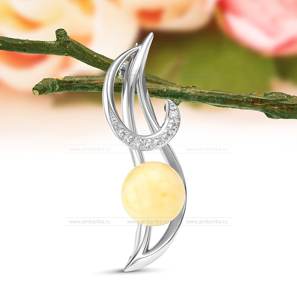 Брошь из серебра 925 пробы с лимонным природным балтийским янтарем, артикул 12485