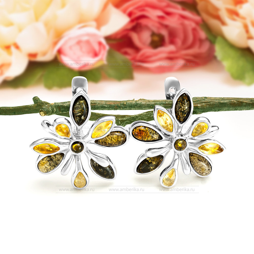 Серьги "Брызги шампанского" из серебра 925 пробы с балтийским янтарем "микс", артикул 11922