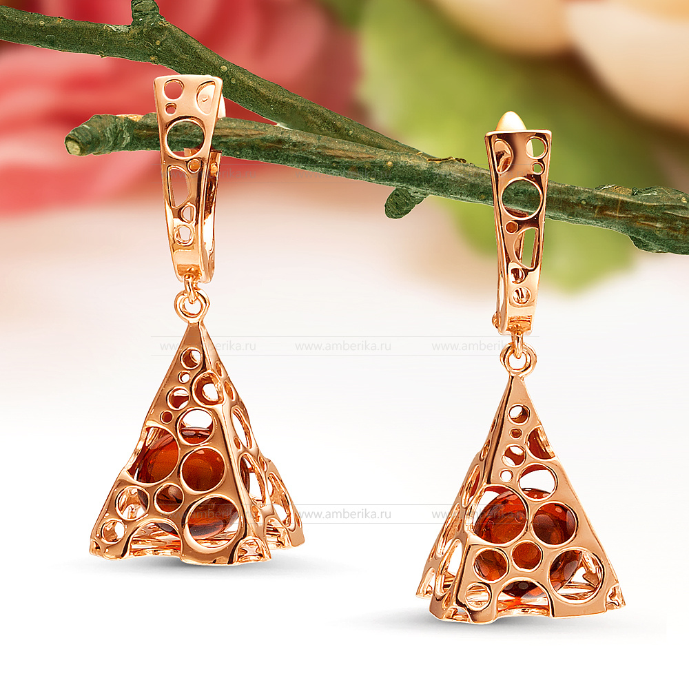 Серьги "Эдам" из серебра 925 пробы с коньячным балтийским янтарем, артикул 12335