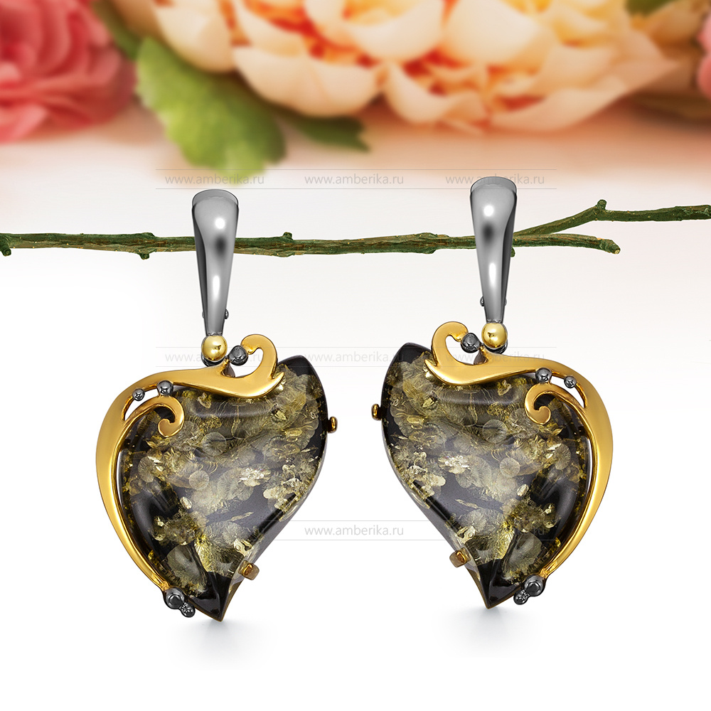 Серьги из серебра с зеленым природным балтийским янтарем, артикул 12195