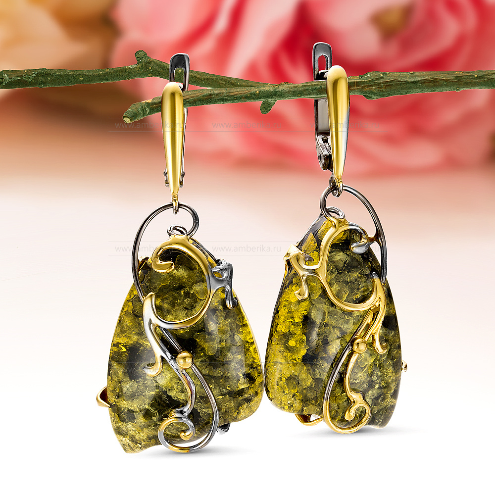 Серьги "Полночь" из серебра 925 пробы с зеленым янтарем, артикул 11451