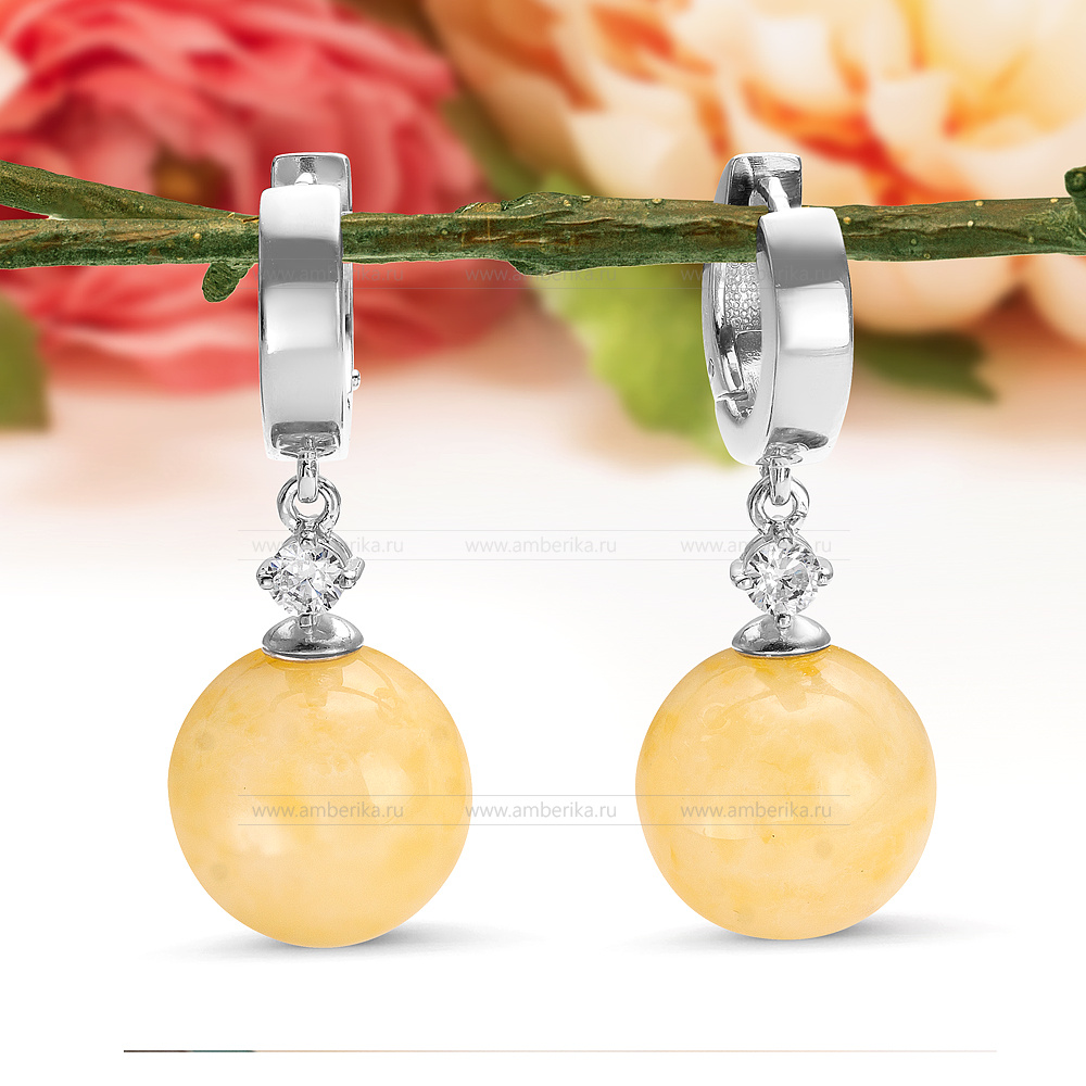 Серьги из серебра 925 пробы с лимонным балтийским янтарем, артикул 12389