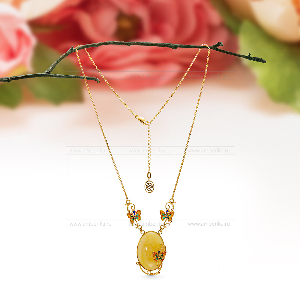 Колье из серебра 925 пробы, украшенное лимонным балтийским янтарем, артикул 12543