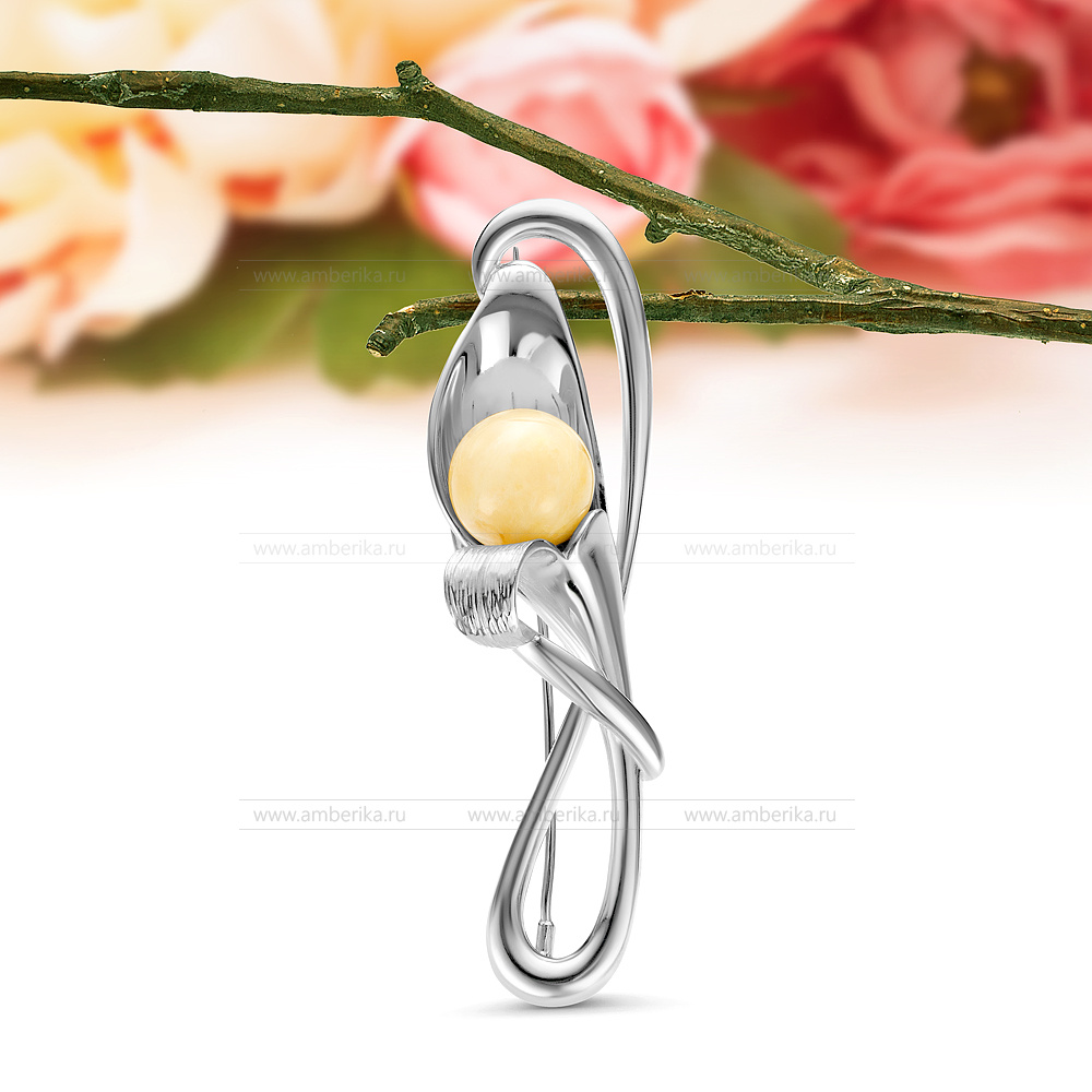 Брошь из серебра 925 пробы с лимонным природным балтийским янтарем, артикул 12473