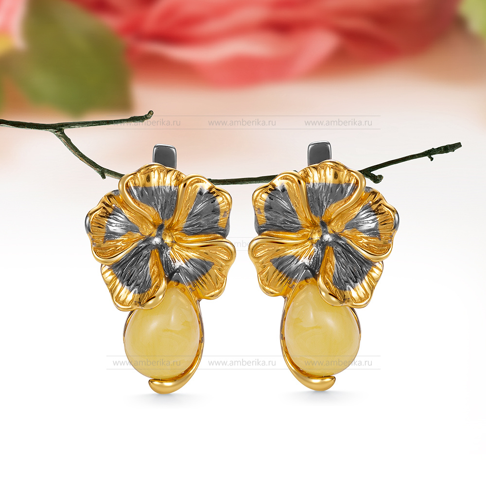 Серьги из серебра 925 пробы с лимонным природным балтийским янтарем, артикул 12586