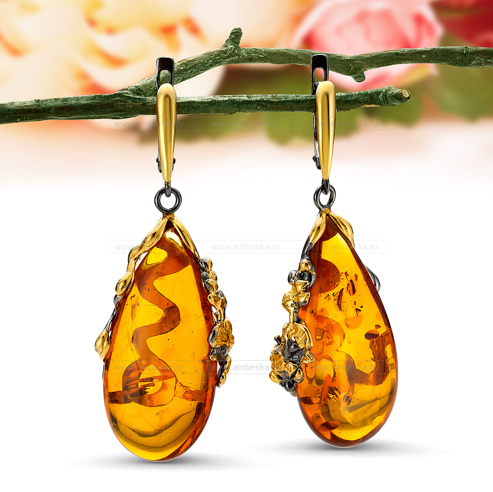 Серьги "Роуз" из серебра с природным балтийским янтарем, артикул 12137