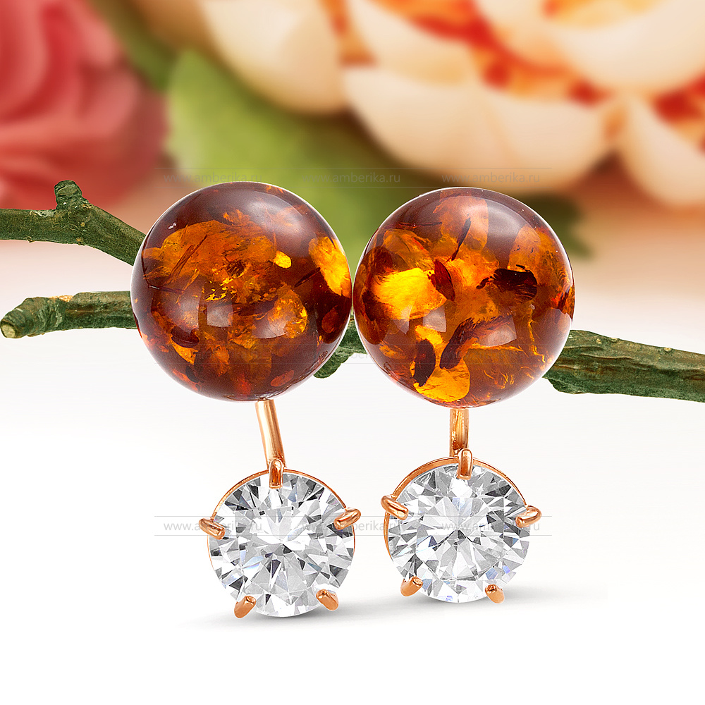Серьги "Диор" из серебра 925 пробы с коньячным балтийским янтарем, артикул 12433
