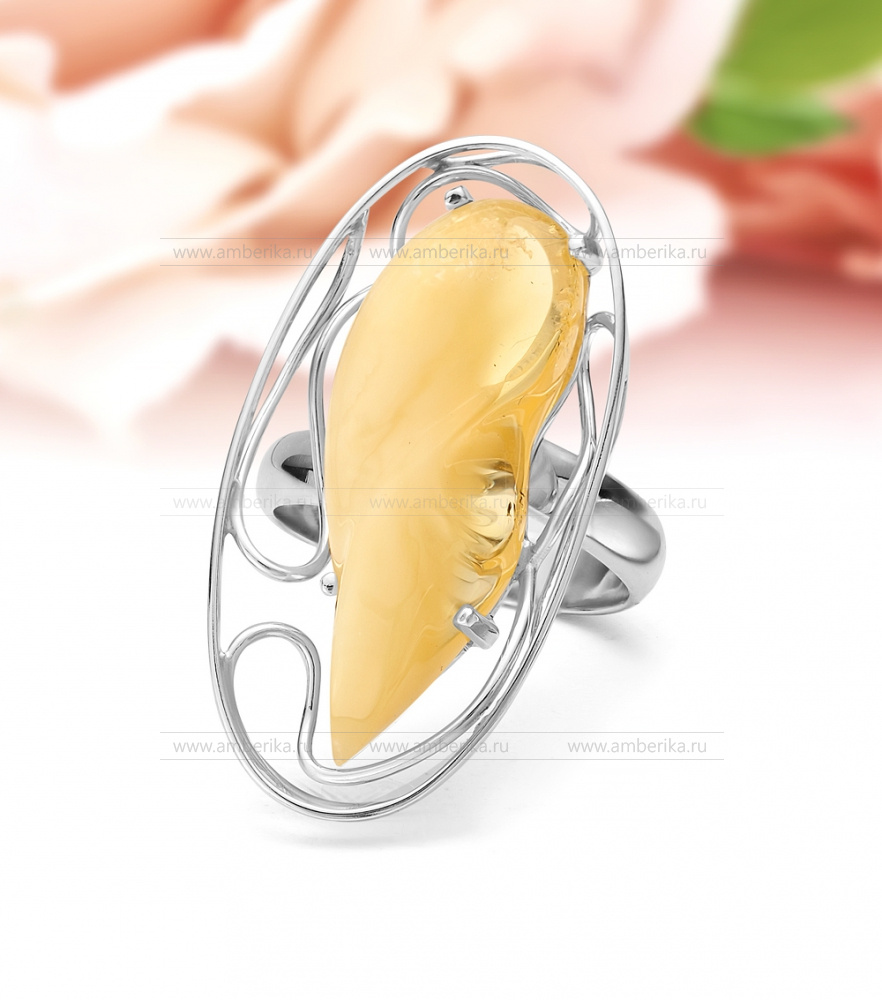 Кольцо из серебра 925 пробы с лимонным природным балтийским янтарем, артикул 11150
