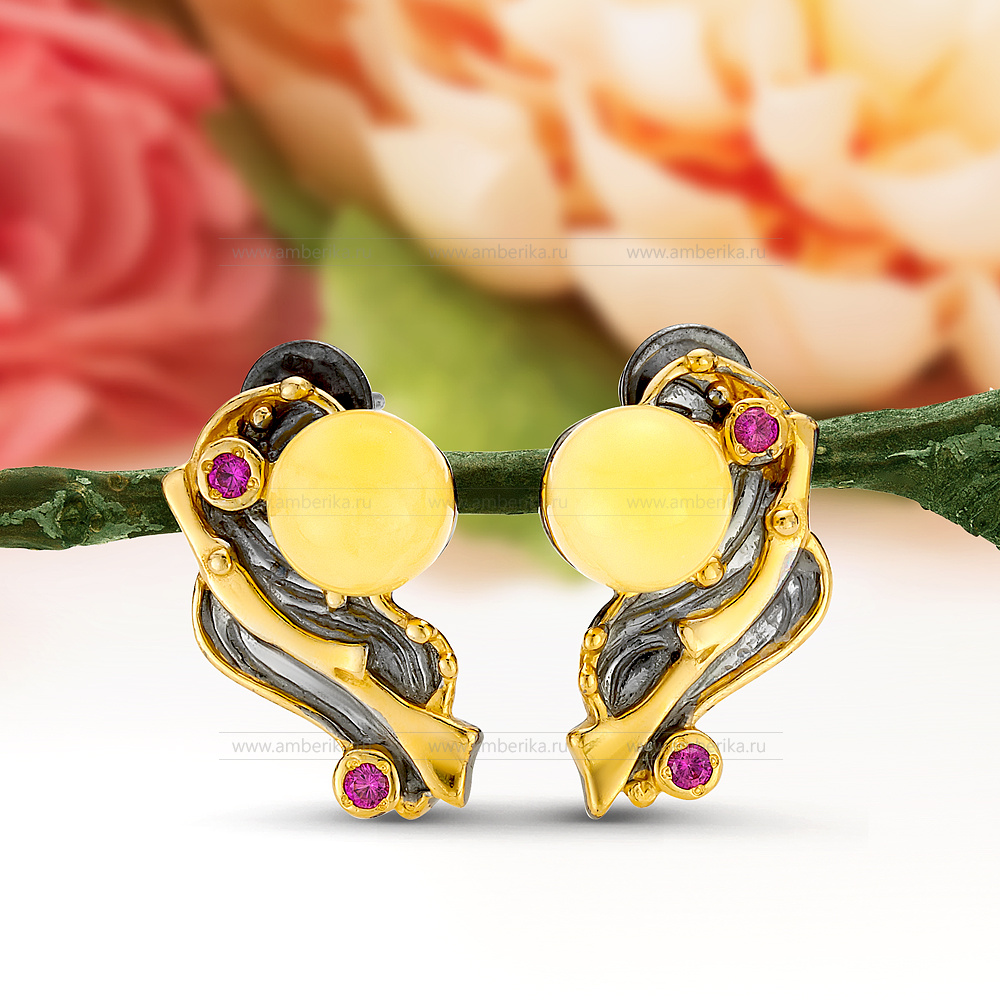 Серьги из серебра 925 пробы, украшенные лимонным природным янтарем, артикул 12149