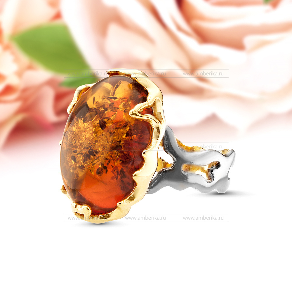 Кольцо из серебра 925 пробы с коньячным балтийским янтарем, артикул 11852