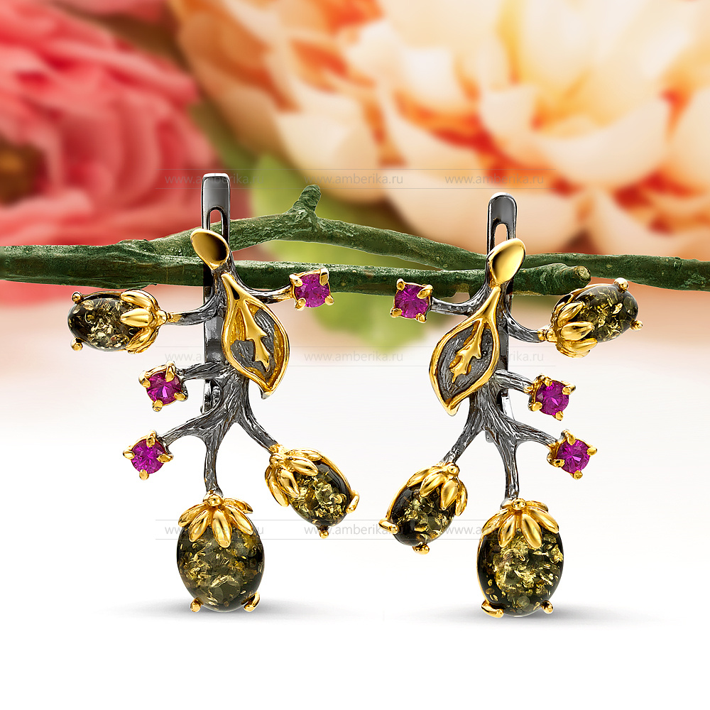 Серьги "Тюльпаны" из серебра 925 пробы с зеленым балтийским янтарем, артикул 12093