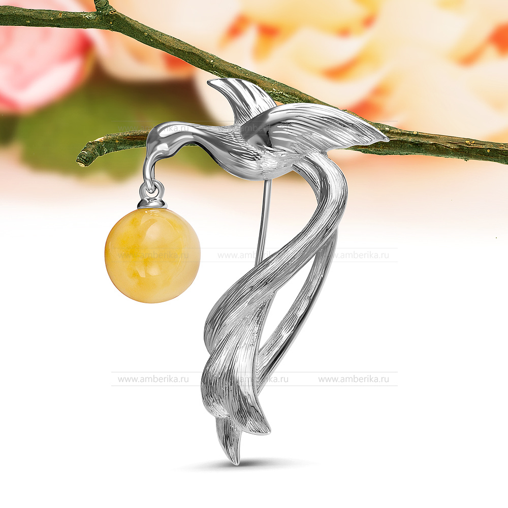 Брошь "Птица" из серебра 925 пробы с лимонным природным балтийским янтарем, артикул 10982