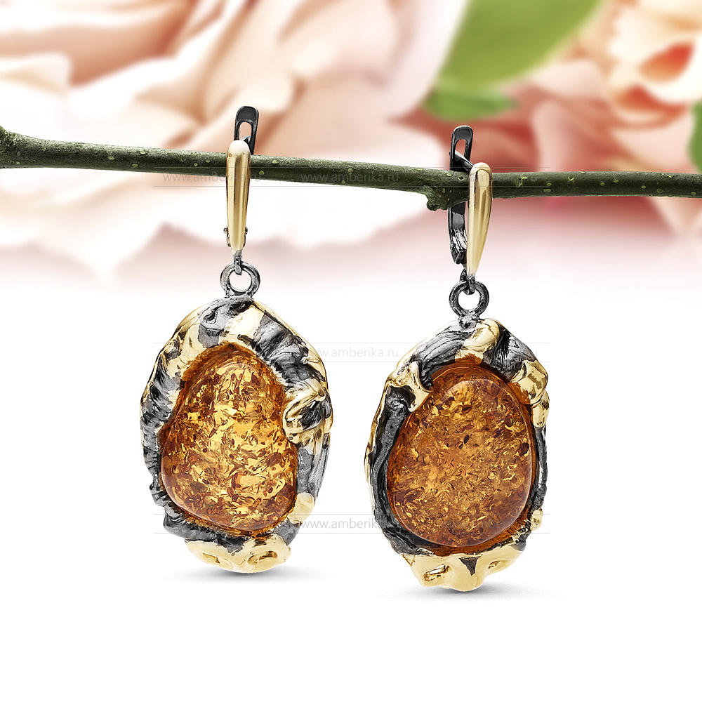 Серьги из серебра 925 пробы, украшенные природным янтарем, артикул 11250