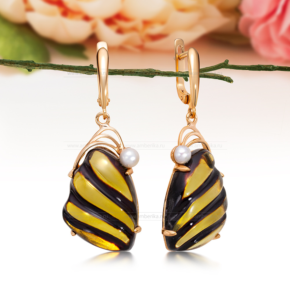 Серьги из серебра 925 пробы с золотистым балтийским янтарем, артикул 12180