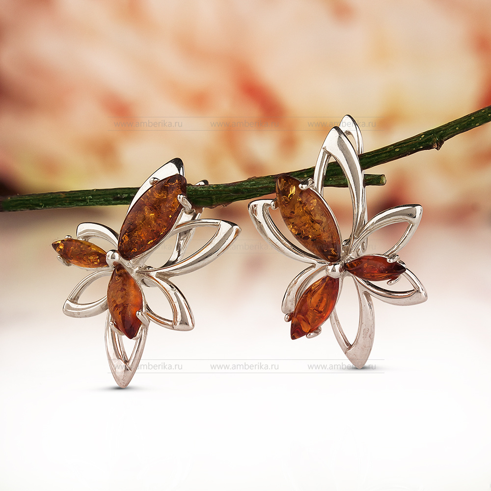 Серьги из серебра 925 пробы с коньячным природным балтийским янтарем, артикул 11018