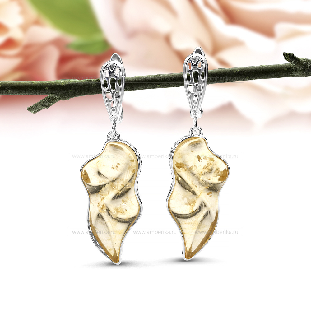Серьги из серебра 925 пробы, украшенные лимонным балтийским янтарем, артикул 11220