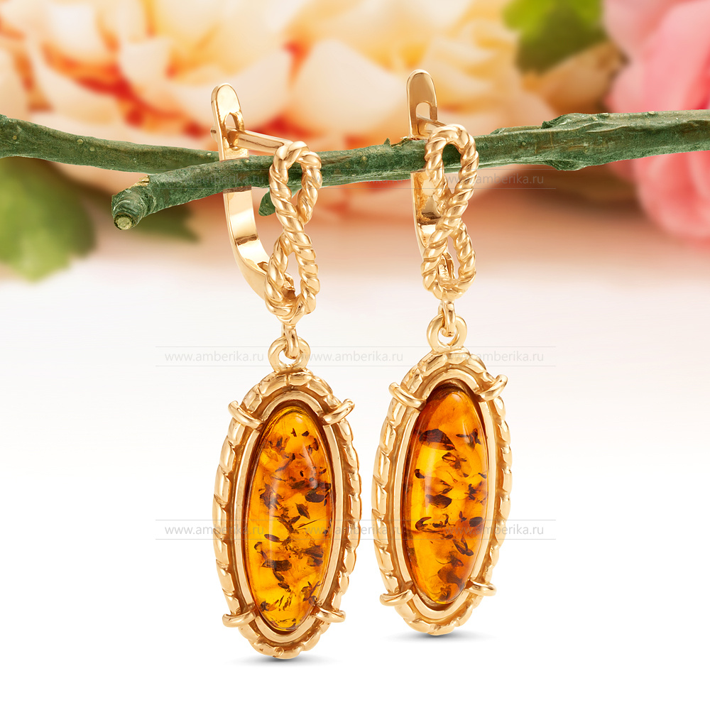 Серьги из серебра 925 пробы с золотистым балтийским янтарем, артикул 11786