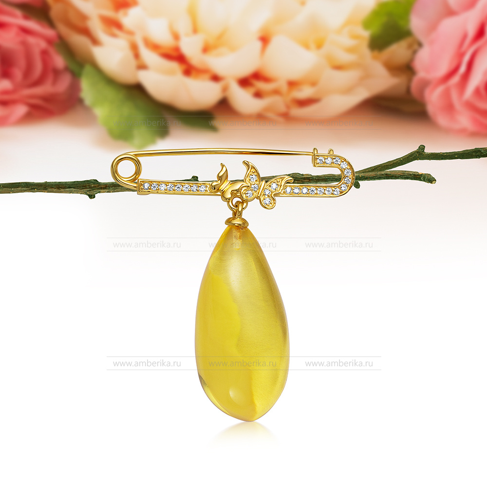 Брошь "Бабочки" из серебра 925 пробы с лимонным балтийским янтарем, артикул 12502