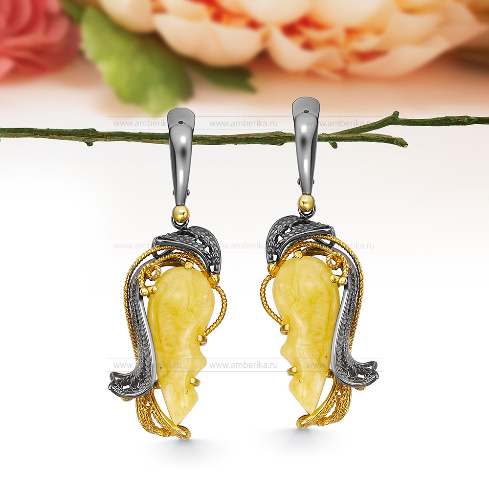 Серьги из серебра 925 пробы, украшенные лимонным природным янтарем, артикул 11163