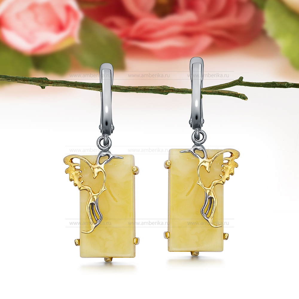 Серьги из серебра 925 пробы, украшенные лимонным природным янтарем, артикул 11031