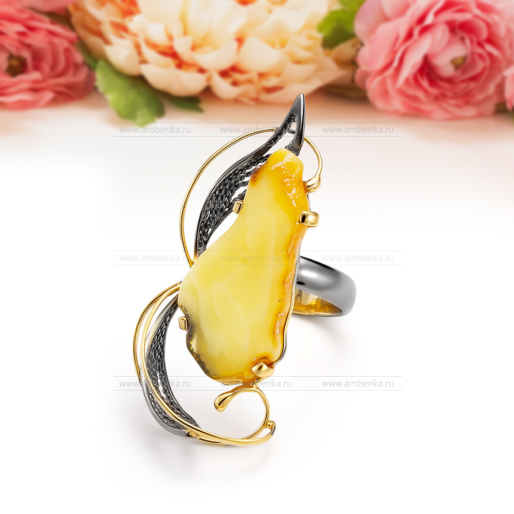 Кольцо из серебра 925 пробы с лимонным балтийским янтарем, артикул 11154