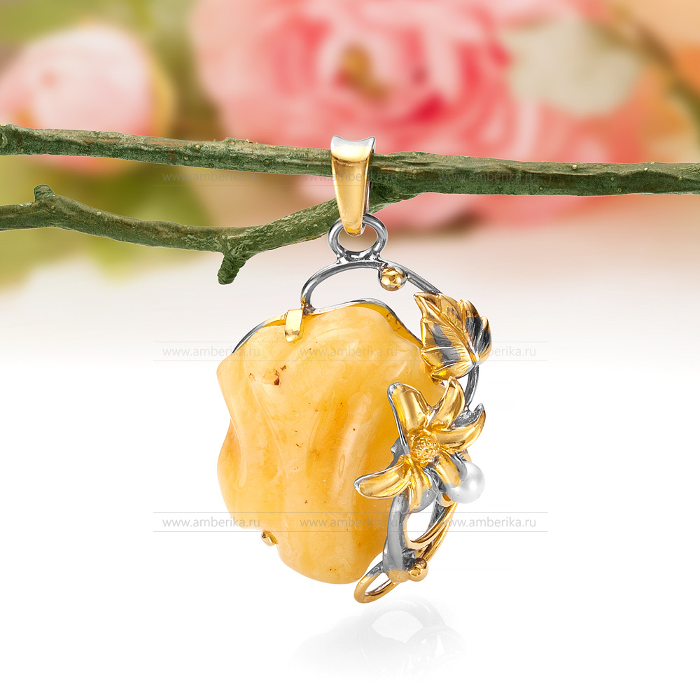Кулон "Прекрасный цветок" из серебра 925 пробы с природным янтарем, артикул 11482