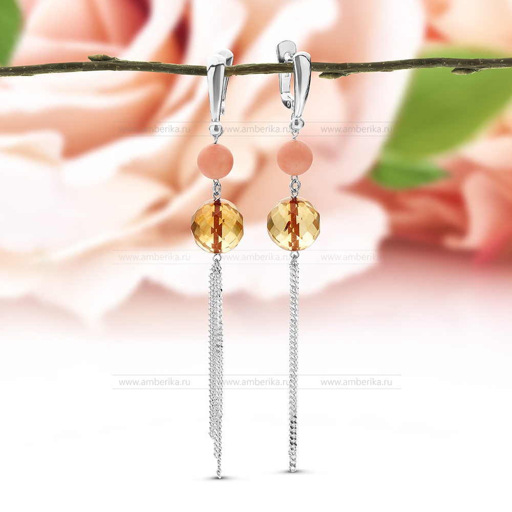 Серьги из серебра 925 пробы, украшенные золотистым янтарем, артикул 11185