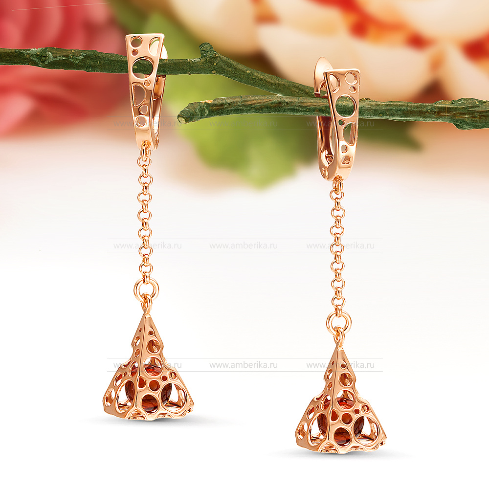 Серьги "Эдам" из серебра 925 пробы с коньячным балтийским янтарем, артикул 12339