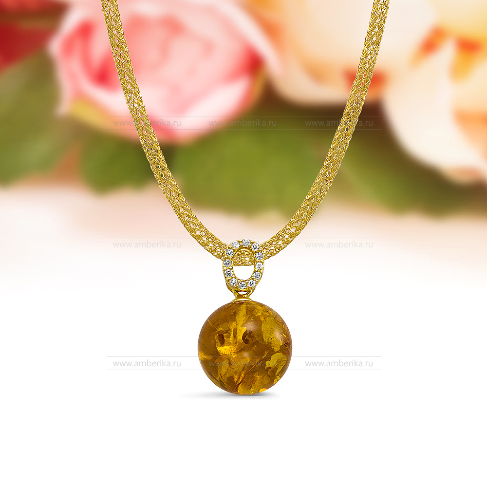 Колье "сеточка" из серебра 925 пробы с золотистым балтийским янтарем, артикул 11629