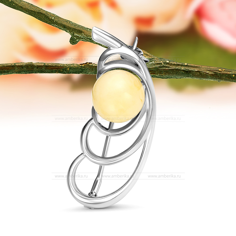 Брошь из серебра 925 пробы с лимонным природным балтийским янтарем, артикул 12486