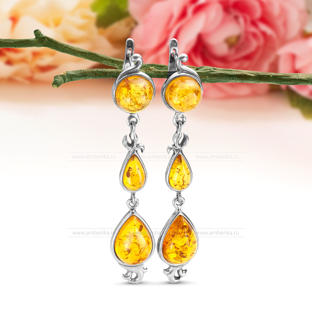 Серьги из серебра 925 пробы, украшенные золотистым балтийским янтарем, артикул 11766