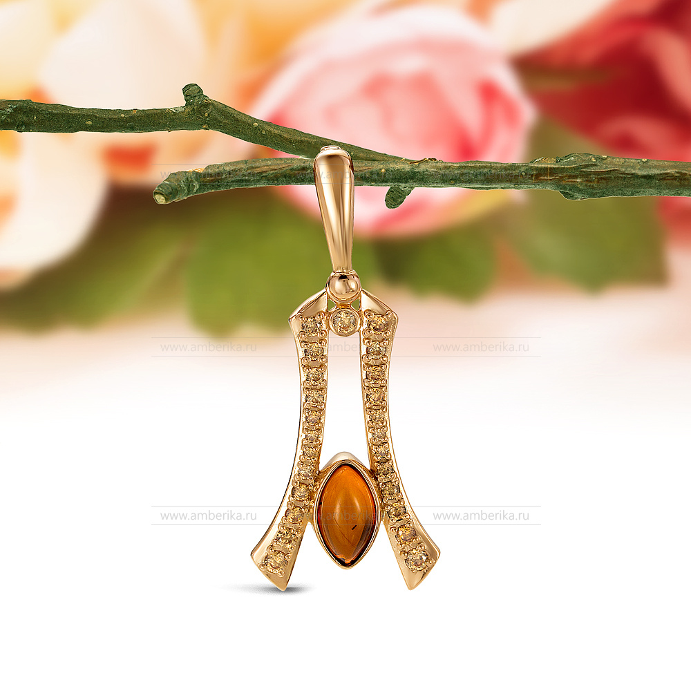 Кулон из серебра 925 пробы, украшенный коньячным янтарем, артикул 10813