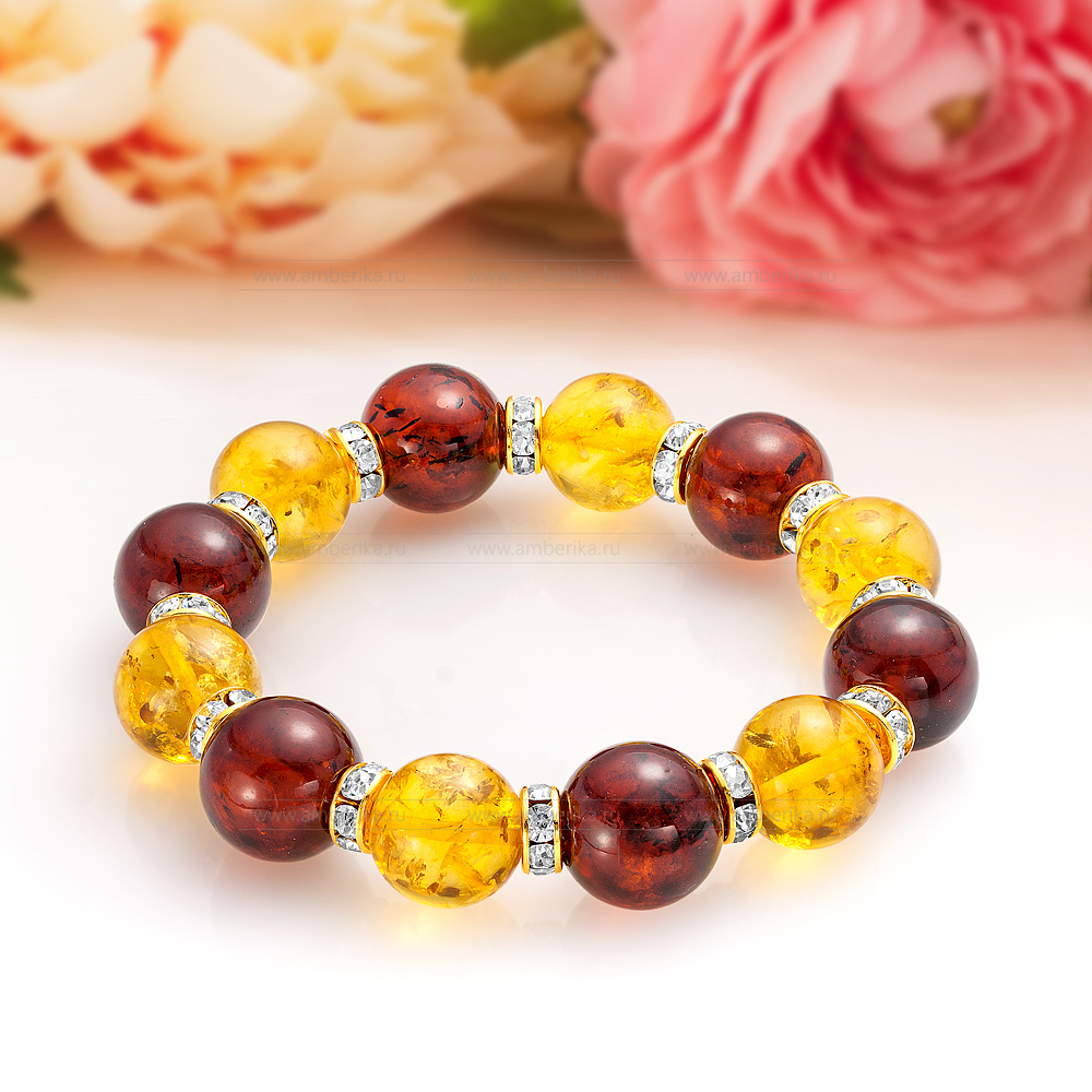 Браслет классический "микс" из балтийского янтаря со стразами, артикул 12385